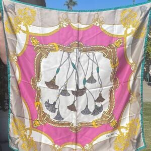 Celine Paris vintage 100% silk scarve  teal/pink/gold